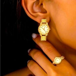 Gold Watch Earrings and Ring Set